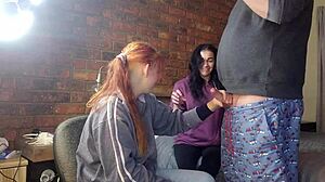 damn you two shy girls jerk my huge cock so good together