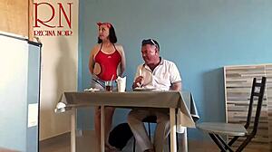 naked waitress lets restaurant guest eat from her juicy navel up close