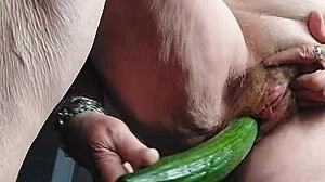 Oma shoves cucumber deep in old hairy beaver slut granny fucks hard