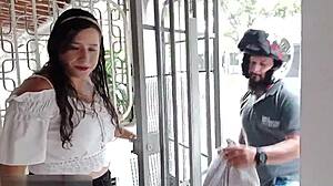 Horny colombian milf cougar pays delivery guy with squirting creampie fucking and pussy licking
