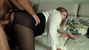 he rips her tights open after she jerks off her panties then fucks his stepmom hard