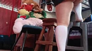 Padrastro hides camera under skirt catching student's unaware upskirt tease