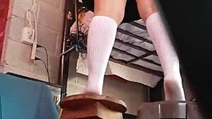 Padrastro hides camera under skirt catching student's unaware upskirt tease