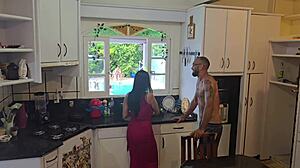 Latina Milf Housewife Flashes Pierced Pussy and Fucks Husband's Friends in Kitchen