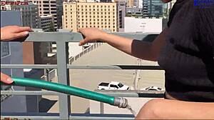 Erotique promo: two amateurs footjob big dick barefoot patio threesome