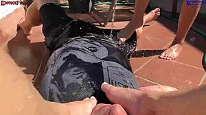 Erotique promo: two amateurs footjob big dick barefoot patio threesome