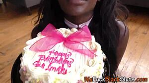 ebony babe strokes cock in fishnet stockings