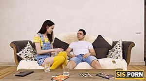 Sisporn guy bets big and fucks slender stepsis after winning the challenge