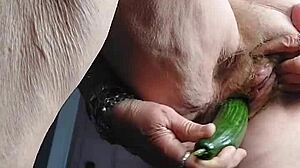 Oma shoves cucumber deep in old hairy beaver slut granny fucks hard