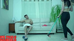 nerdy latina milf with huge natural tits rides big black cock cowgirl in lingerie