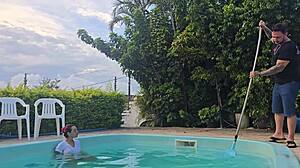 Latina Milf Housewife Flashes Pierced Pussy and Fucks Husband's Friends in Kitchen