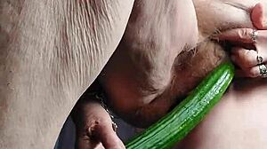 Oma shoves cucumber deep in old hairy beaver slut granny fucks hard