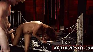 Teen Bound in Stockings Sucks Dick on Fucking Machine for Candy