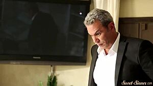 How does petite stepdaughter's tight pussy look glazed in stepdad's hot jizz load?