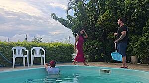 Latina Milf Housewife Flashes Pierced Pussy and Fucks Husband's Friends in Kitchen