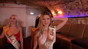 Feel the wild rush as bisexual blondes and brunettes swap cum after double penetration orgy rips clothes at the strip club