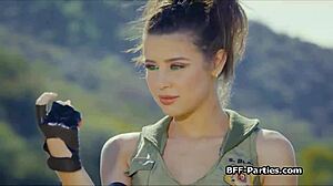 Kitana shares throbbing cock with cosplay warrior teens licking pussy