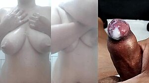 husband spies wife masturbating with toy then jerks off cumming hard for her