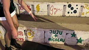 Skinny Brazilian teen gets gangbanged hard outdoors at Christmas lookout square