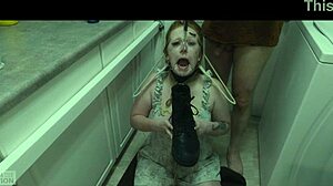 Degradation Slut Licks Cum Off Redhead's Boot!