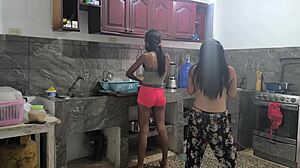 horny latina housewives grope big tits sensually over lunch prep