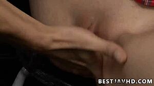 this asian schoolgirl cosplay chick toys her shaved slit dirty 😏