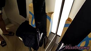 young girl strokes cock in dressing room cumshot