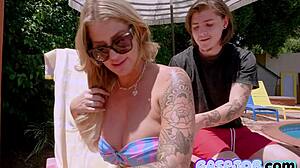 Big Tits Blonde Swallows Cum After Wet Deepthroat Titty Fuck Handjob Poolside