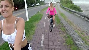 WOW! Two Hot Babes Pedal Bikes Pantyless In The Rain - Barbara Alves' Sexy Legs!