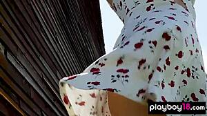 big boobed blonde canadian milf jenessa dawn strips naked posing on ranch outdoors