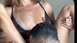 hotwife blonde flashes big ass for cuckold then fucks lover