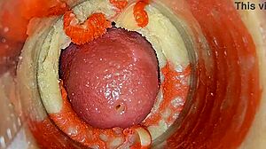 close up big pussy lips oiled squirt on huge cock asmr creampie with camera inside