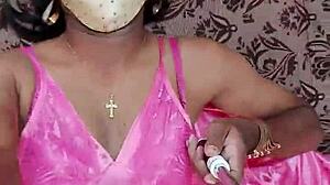 INDIAN CD LARA DSOUZA in pink satin nighty gets sexy bdsm