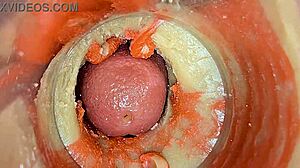 close up big pussy lips oiled squirt on huge cock asmr creampie with camera inside