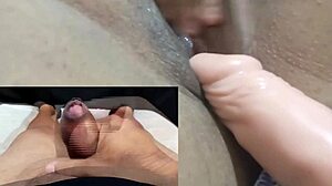 husband spies wife masturbating with toy then jerks off cumming hard for her
