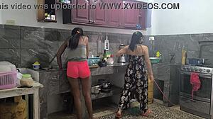 horny latina housewives grope big tits sensually over lunch prep