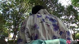 hey this japanese babe in kimono sucks cock so good outdoors uncensored