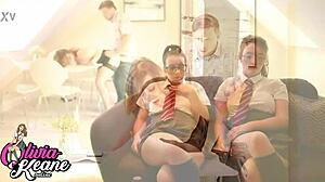 TEEN SLUT GETS DOGGYSTYLE RAILED BY HUGE COCK BEHIND HER TWIN SISTER'S BACK AT COLLEGE PARTY IN COSTUMES