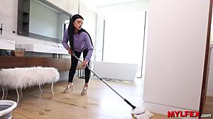 Pervy stepson strokes busty milf mom secretly while she cleans house oblivious