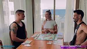 blonde babe chokes on two monster cocks in rough mmf debt payoff