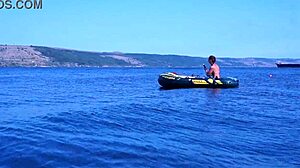 mature beauty poses bikini on volga river boat