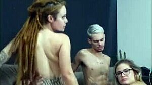 A fiery redhead dreadsitter rides my buddy while his wife sucks me off hard!