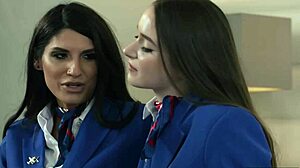 Shemale Zariah Aura fucks colleague Hazel Moore's hairy pussy