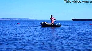 mature beauty poses bikini on volga river boat