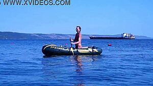 mature beauty poses bikini on volga river boat