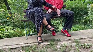 curvy mother in law strokes cock and takes cum load outdoors