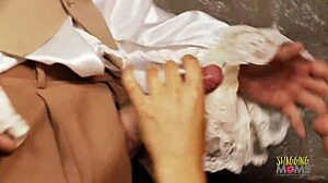 Blonde Milf Sucks Rides Licks Cumshots on Sofa in Stockings