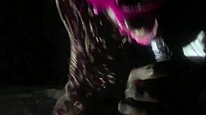 Watch her slurp that oiled black banana cock deep!