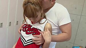 BLONDE CHEERLEADER CAUGHT masturbating locker room RIDES to CREAMPIE!