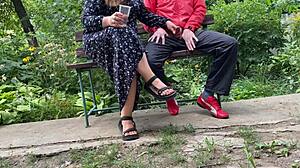 curvy mother in law strokes cock and takes cum load outdoors